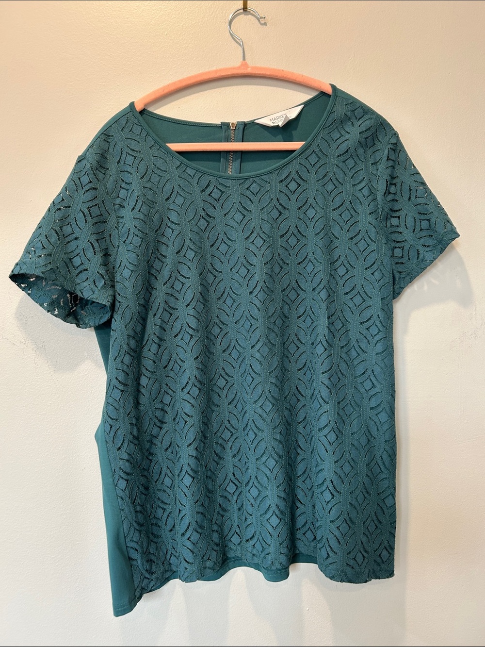Market & Spruce Teal Geometric Lace Short Sleeve Blouse